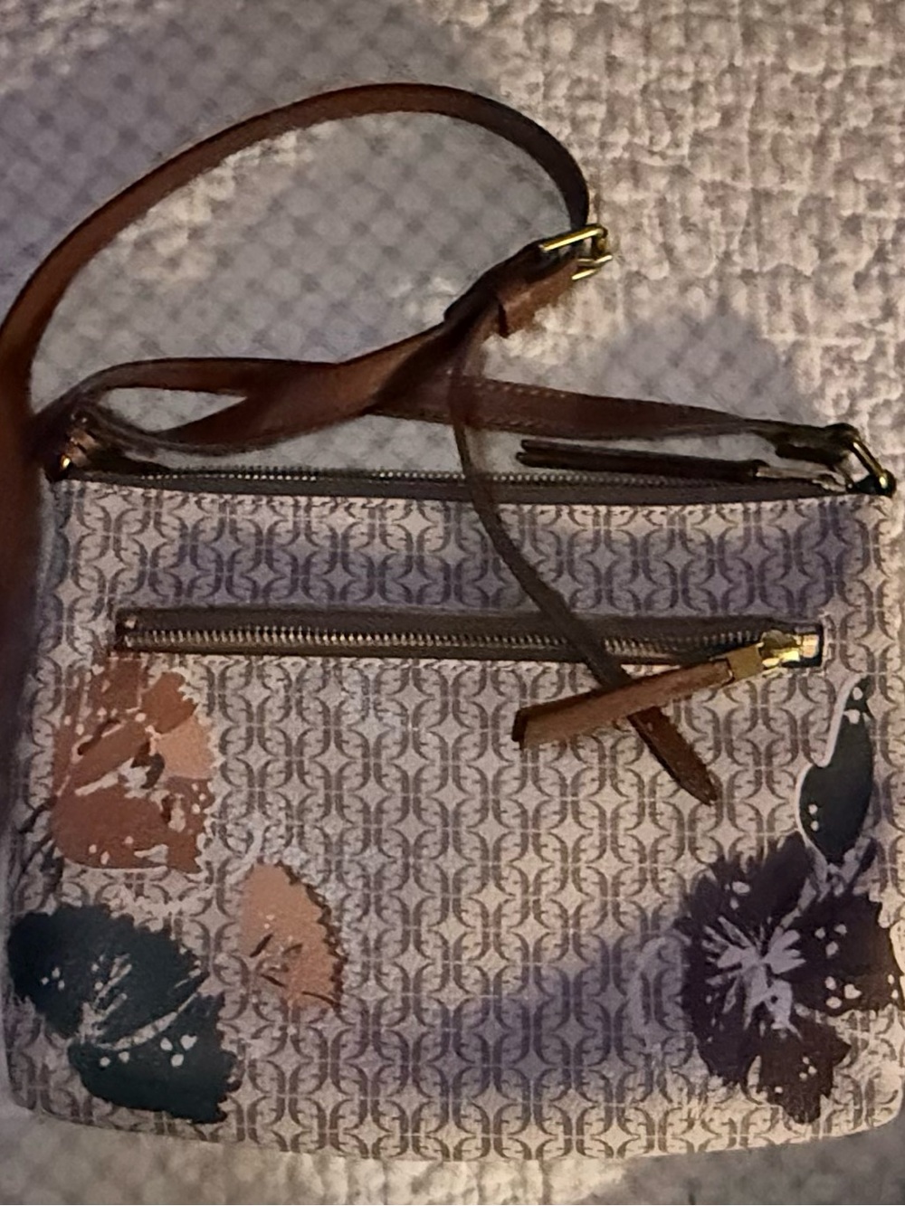 Fossil Cream and Brown Patterned Crossbody Bag